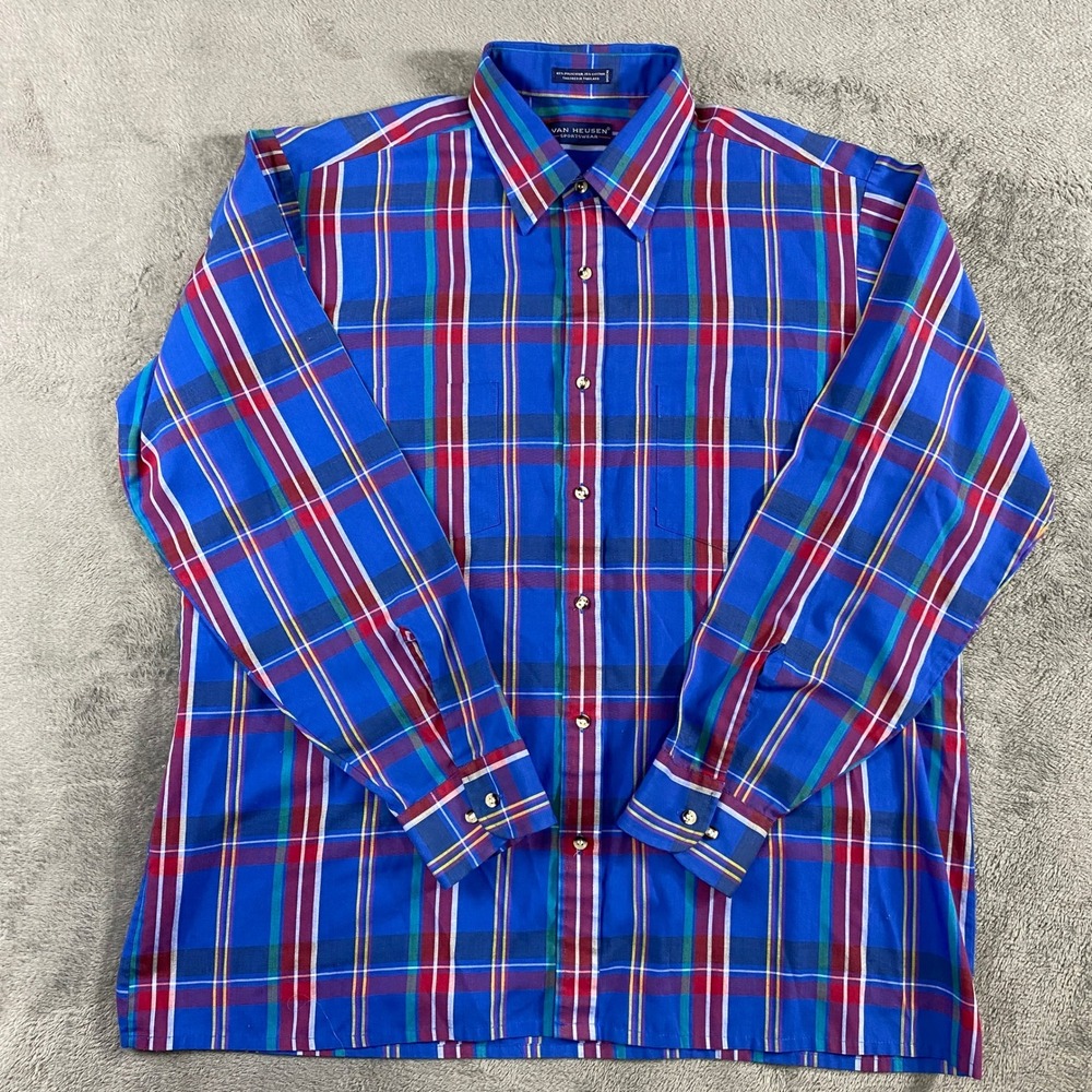 Van Heusen Button Down Mens XL Blue Plaid Sportswear Long Sleeve Pocket Shirt‎